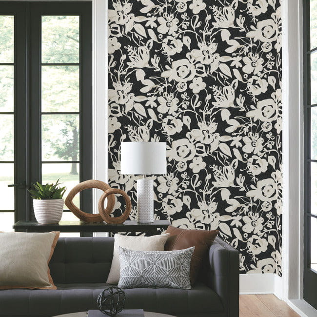York BL1733 Blooms Second Edition Resource Library Brushstroke Floral Black - tapeta w kwiaty