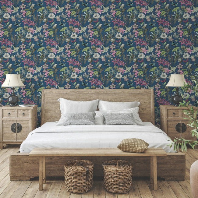 York BL1723 Blooms Second Edition Resource Library Butterfly House Navy - tapeta w egzotyczne rośliny i motyle