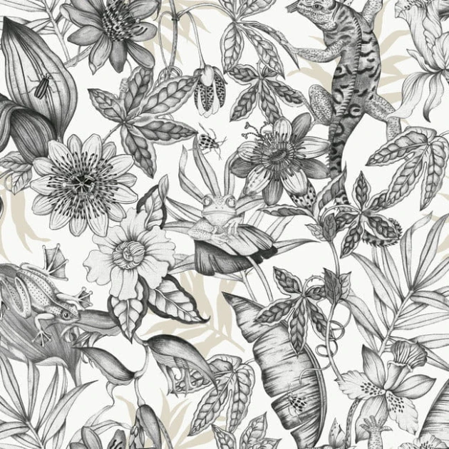 York BL1703 Blooms Second Edition Resource Library Rainforest White/Charcoal - tapeta w egzotyczne rośliny i zwierzęta