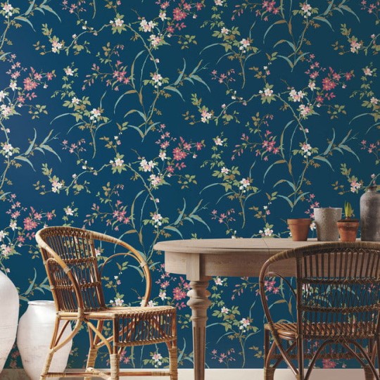 York BL1745 Blooms Second Edition Resource Library Blossom Branches Navy - tapeta w kwiaty