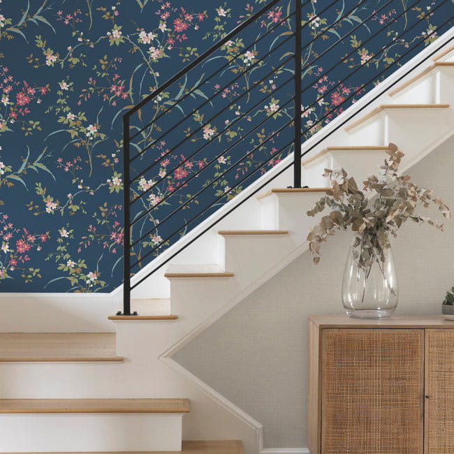 York BL1745 Blooms Second Edition Resource Library Blossom Branches Navy - tapeta w kwiaty