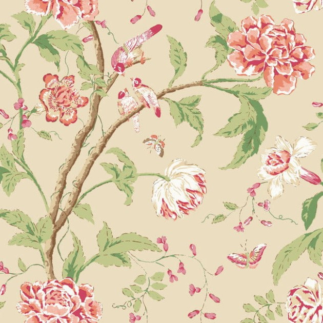 York BL1781 Blooms Second Edition Resource Library Teahouse Floral Cream/Coral - tapeta w kwiaty i ptaki