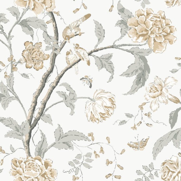 York BL1783 Blooms Second Edition Resource Library Teahouse Floral Neutrals - tapeta w kwiaty i ptaki