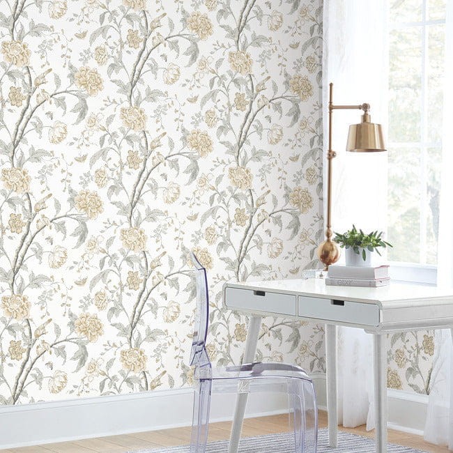 York BL1783 Blooms Second Edition Resource Library Teahouse Floral Neutrals - tapeta w kwiaty i ptaki