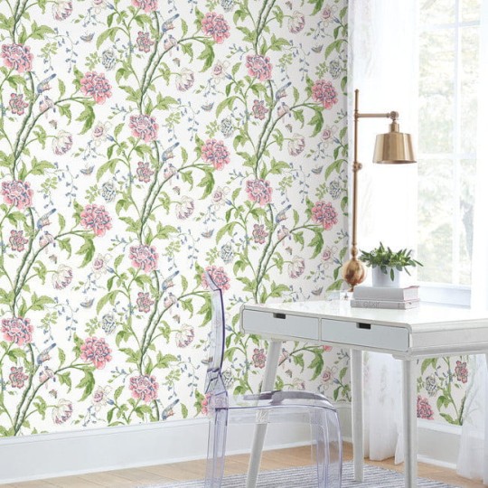 York BL1785 Blooms Second Edition Resource Library Teahouse Floral White/Blush - tapeta w kwiaty i ptaki