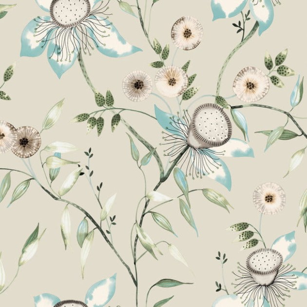 York BL1794 Blooms Second Edition Resource Library Dream Blossom Taupe/Aqua - tapeta w kwiaty w stylu chinoiserie