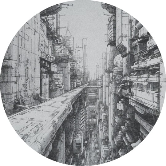 Wall Art Cyber City - mural koło w futurystyczne miasto w komiksowym stylu