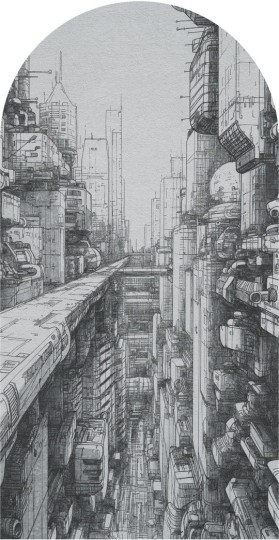 Wall Art Cyber City - mural łuk w futurystyczne miasto w komiksowym stylu