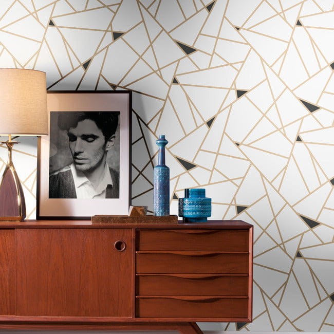 York RY2702 Black and White Resource Library Prismatic Gold/White - tapeta w geometryczny wzór