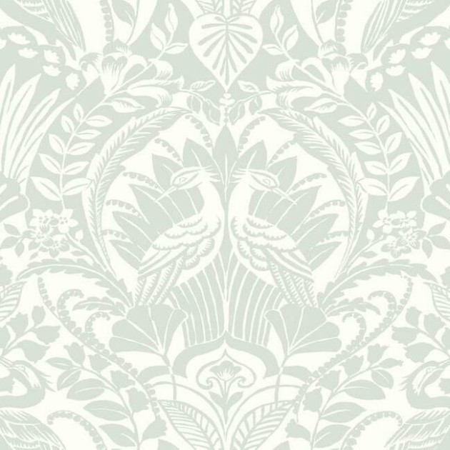 York DM4998 Black and White Resource Library Egret Damask Sage - tapeta w stylizowany motyw roślinny i ptaki