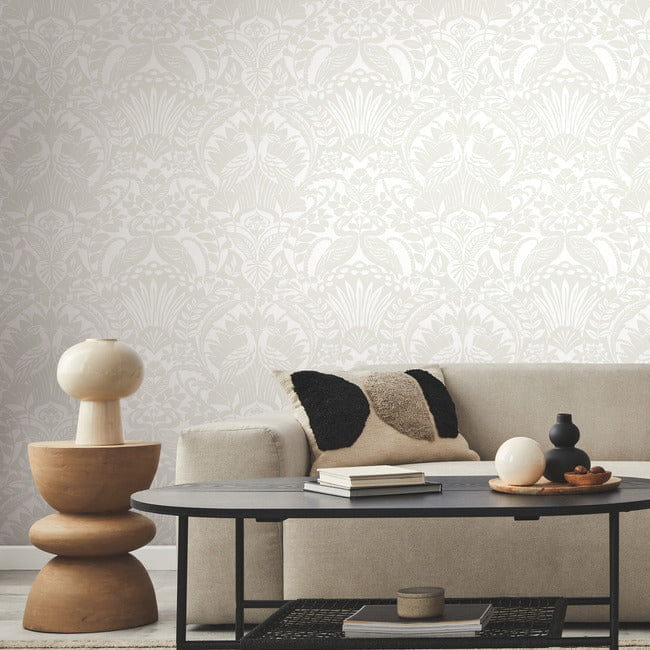 York BW3932 Black and White Resource Library Egret Damask Neutral/White - tapeta w stylizowany motyw roślinny i ptaki