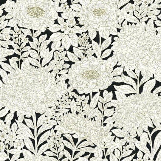 York BW3923 Black and White Resource Library Wood Block Blooms Black/Gold - tapeta w kwiaty z metalicznymi akcentami