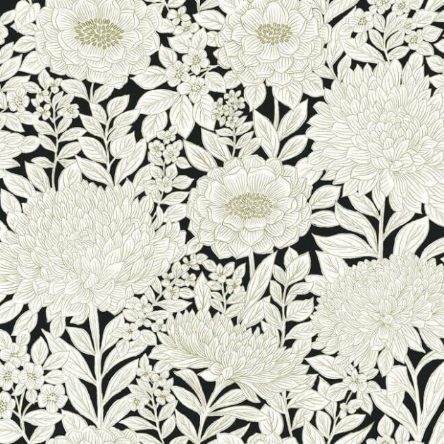 York BW3923 Black and White Resource Library Wood Block Blooms Black/Gold - tapeta w kwiaty z metalicznymi akcentami