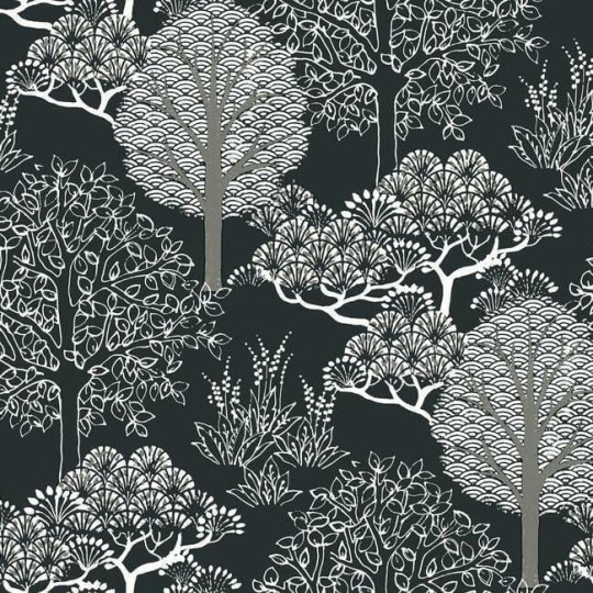 York BW3852 Black and White Resource Library Kimono Trees Black/Metallic - tapeta w drzewa