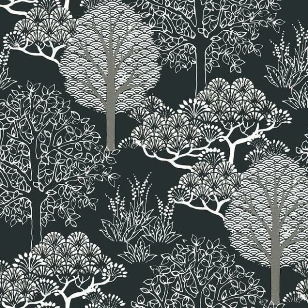 York BW3852 Black and White Resource Library Kimono Trees Black/Metallic - tapeta w drzewa