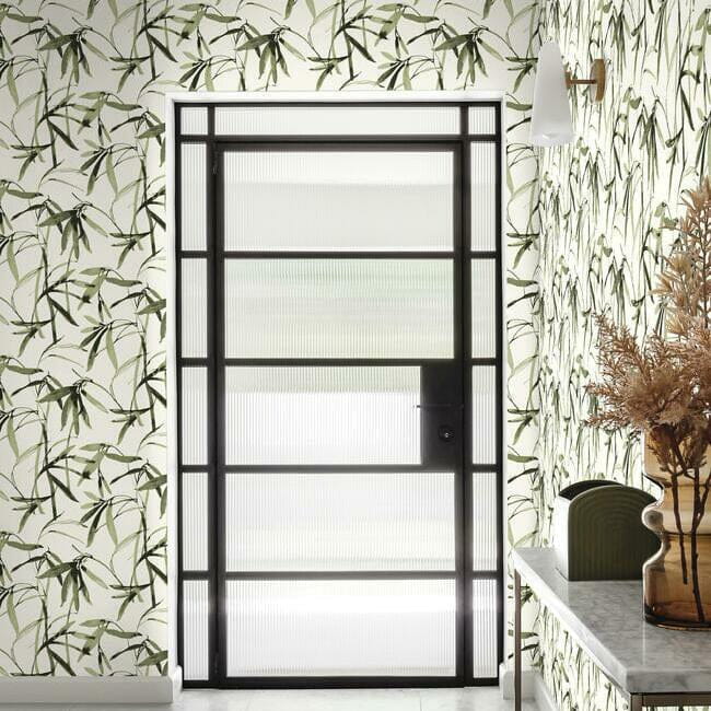 York BW3842 Black and White Resource Library Bamboo Ink Green/Black - tapeta w liście