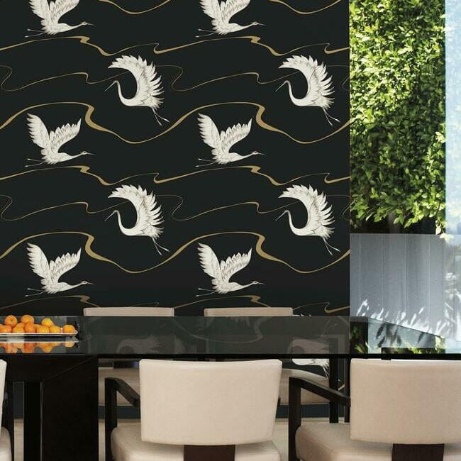 York BW3871 Black and White Resource Library Soaring Cranes Black/Gold - tapeta w lecące żurawie