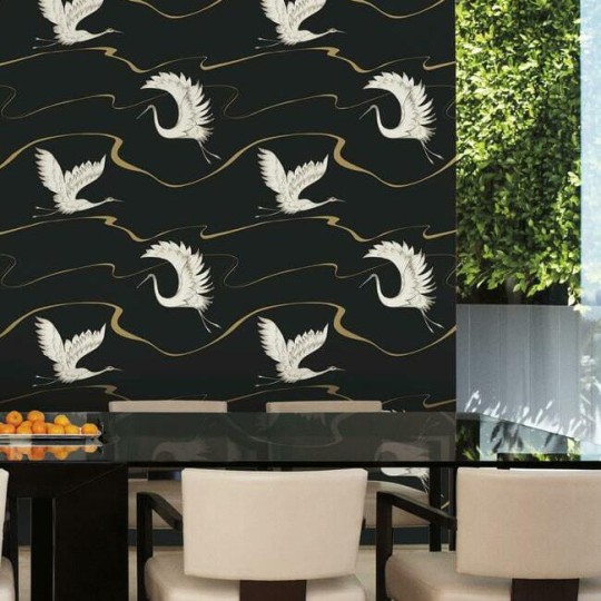 York BW3871 Black and White Resource Library Soaring Cranes Black/Gold - tapeta w lecące żurawie