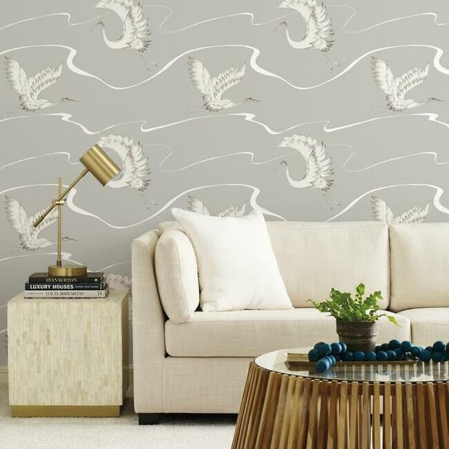 York BW3872 Black and White Resource Library Soaring Cranes Taupe - tapeta w lecące żurawie