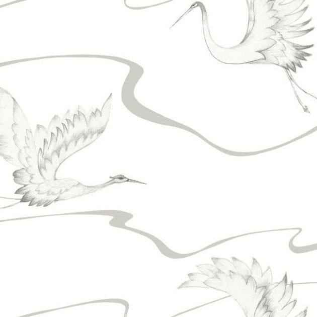 York BW3873 Black and White Resource Library Soaring Cranes White/Warm Silver - tapeta w lecące żurawie