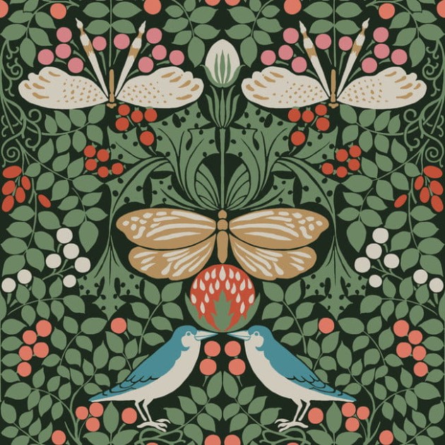 York AC9161 Ronald Redding Arts and Crafts Butterfly Garden Green - tapeta w stylizowane rośliny i zwierzęta