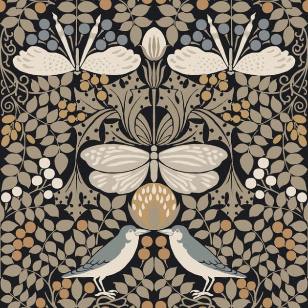 York AC9162 Ronald Redding Arts and Crafts Butterfly Garden Black - tapeta w stylizowane rośliny i zwierzęta