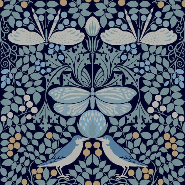 York AC9165 Ronald Redding Arts and Crafts Butterfly Garden Blues - tapeta w stylizowane rośliny i zwierzęta