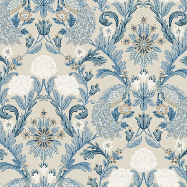 York AC9105 Ronald Redding Arts and Crafts Plume Dynasty Neutral/Blue - tapeta w stylizowany motyw roślinny i pawie