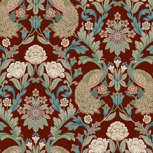 York AC9106 Ronald Redding Arts and Crafts Plume Dynasty Red - tapeta w stylizowany motyw roślinny i pawie