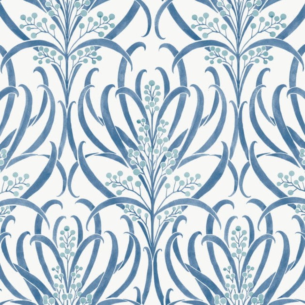 York AC9143 Ronald Redding Arts and Crafts Calluna White/Blue - tapeta w akwarelowe liście