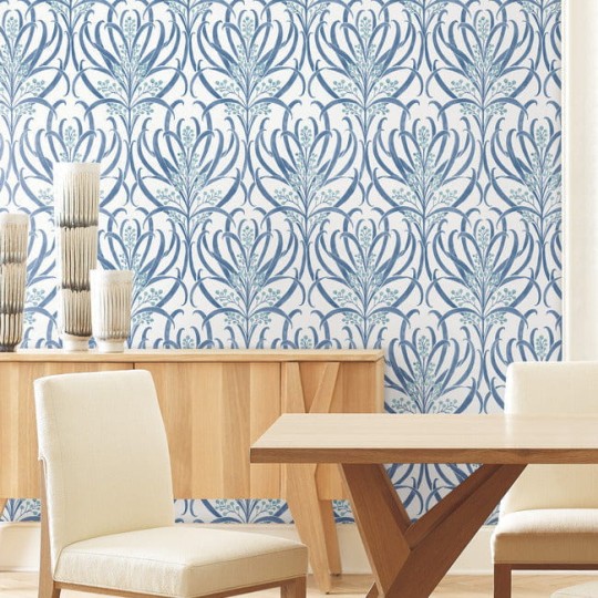 York AC9143 Ronald Redding Arts and Crafts Calluna White/Blue - tapeta w akwarelowe liście