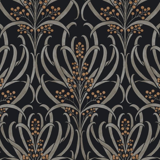 York AC9145 Ronald Redding Arts and Crafts Calluna Black/Gold - tapeta w akwarelowe liście