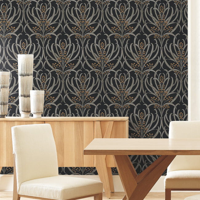York AC9145 Ronald Redding Arts and Crafts Calluna Black/Gold - tapeta w akwarelowe liście