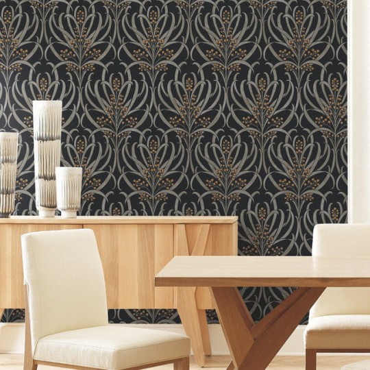 York AC9145 Ronald Redding Arts and Crafts Calluna Black/Gold - tapeta w akwarelowe liście