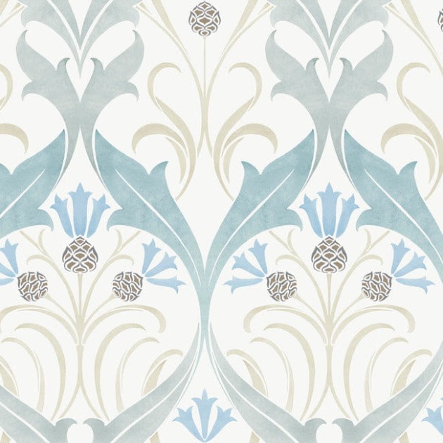 York AC9171 Ronald Redding Arts and Crafts Pinecone Ribbon Teal - tapeta w stylizowane liście