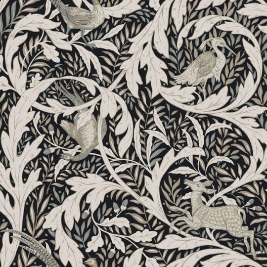 York AC9122 Ronald Redding Arts and Crafts Woodland Tapestry Black - tapeta w czaple i liście