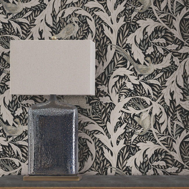York AC9122 Ronald Redding Arts and Crafts Woodland Tapestry Black - tapeta w czaple i liście