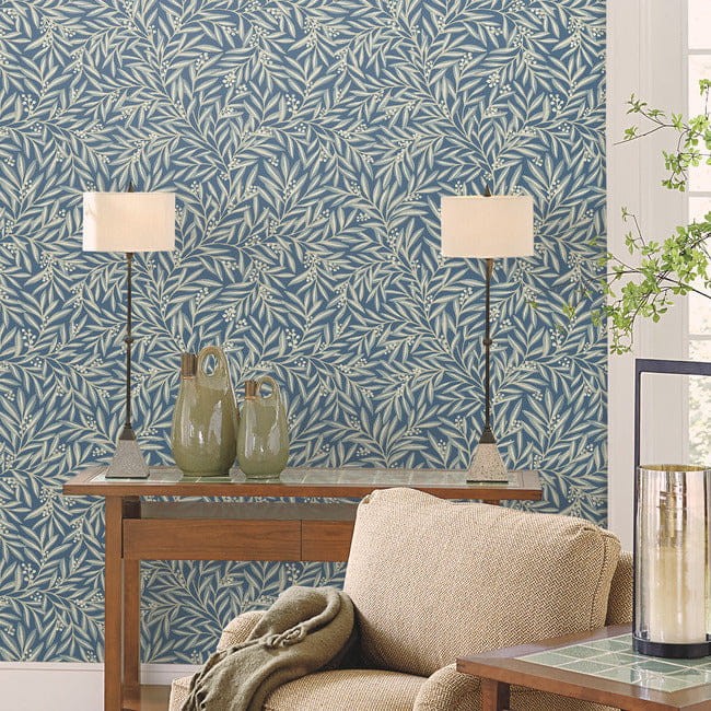 York AC9132 Ronald Redding Arts and Crafts Rowan Dusty Blue - tapeta w liście i jagody