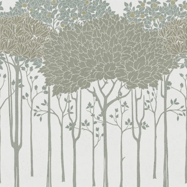 York AC9221D Ronald Redding Arts and Crafts Oakwood Grove Wallpaper White - tapeta w drzewa na metalicznym tle
