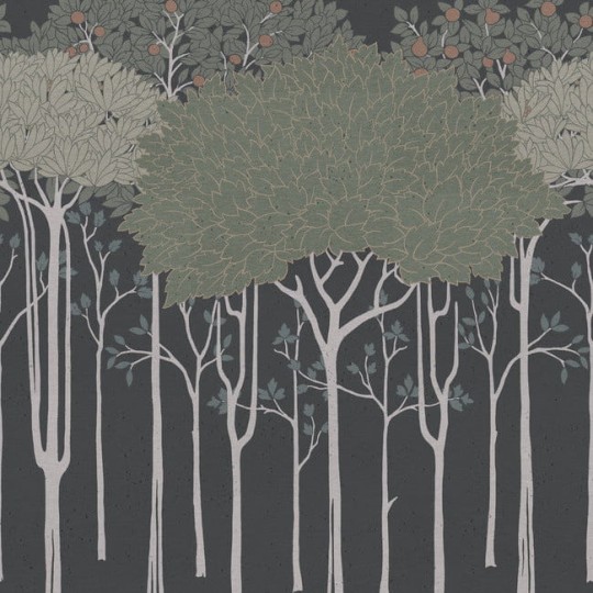 York AC9222D Ronald Redding Arts and Crafts Oakwood Grove Wallpaper Black - tapeta w drzewa na metalicznym tle