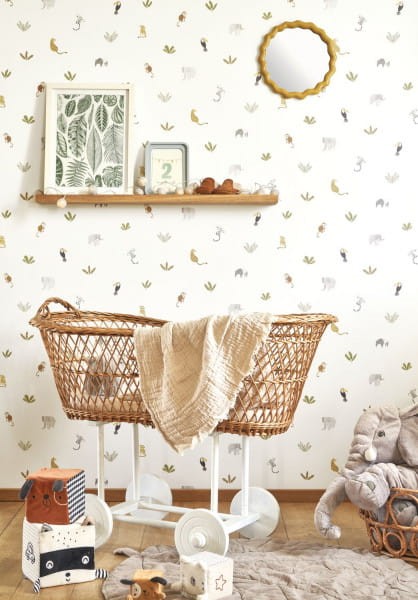 Casadeco OUTD 200777474 Once Upon A Time 2 Companions Of The Jungle Vert feuille - minimalistyczna tapeta dla dzieci w egzotyczne zwierzęta