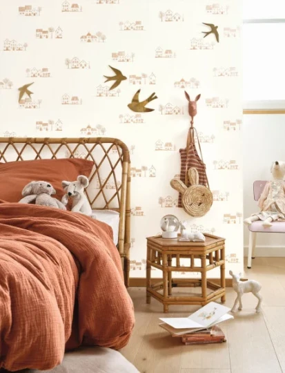 Casadeco OUTD 200841221 Once Upon A Time 2 Walk In The Village Lin - minimalistyczna tapeta w domki