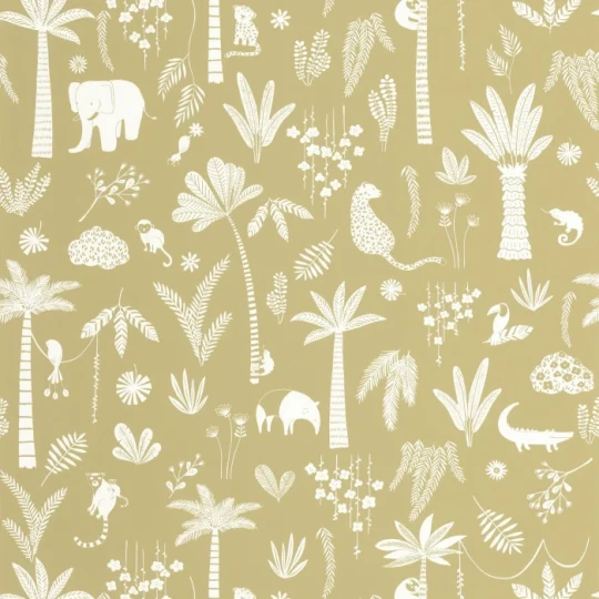 Casadeco OUTD 200767272 Once Upon A Time 2 Poetic Jungle Olive - tapeta dla dzieci w egzotyczne zwierzęta i rośliny