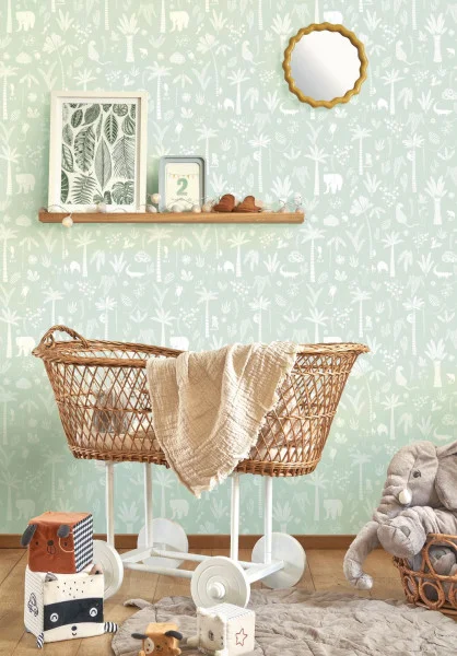 Casadeco OUTD 200767272 Once Upon A Time 2 Poetic Jungle Olive - tapeta dla dzieci w egzotyczne zwierzęta i rośliny