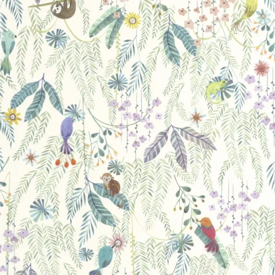 Casadeco OUTD 200757447 Once Upon A Time 2 Tropical Forest Multico fond blanc - tapeta dla dzieci w egzotyczne zwierzęta i rośliny