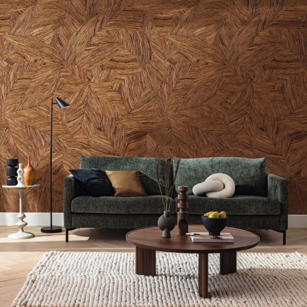 Caselio 106172027 Reliefs Wood Leaves Marron L - mural imitujący strukturę drewna w roślinny motyw