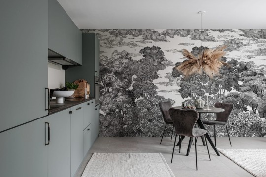 Rebel Walls R19442 Pops Bellewood Under The Clouds Graphite - mural w roślinny krajobraz