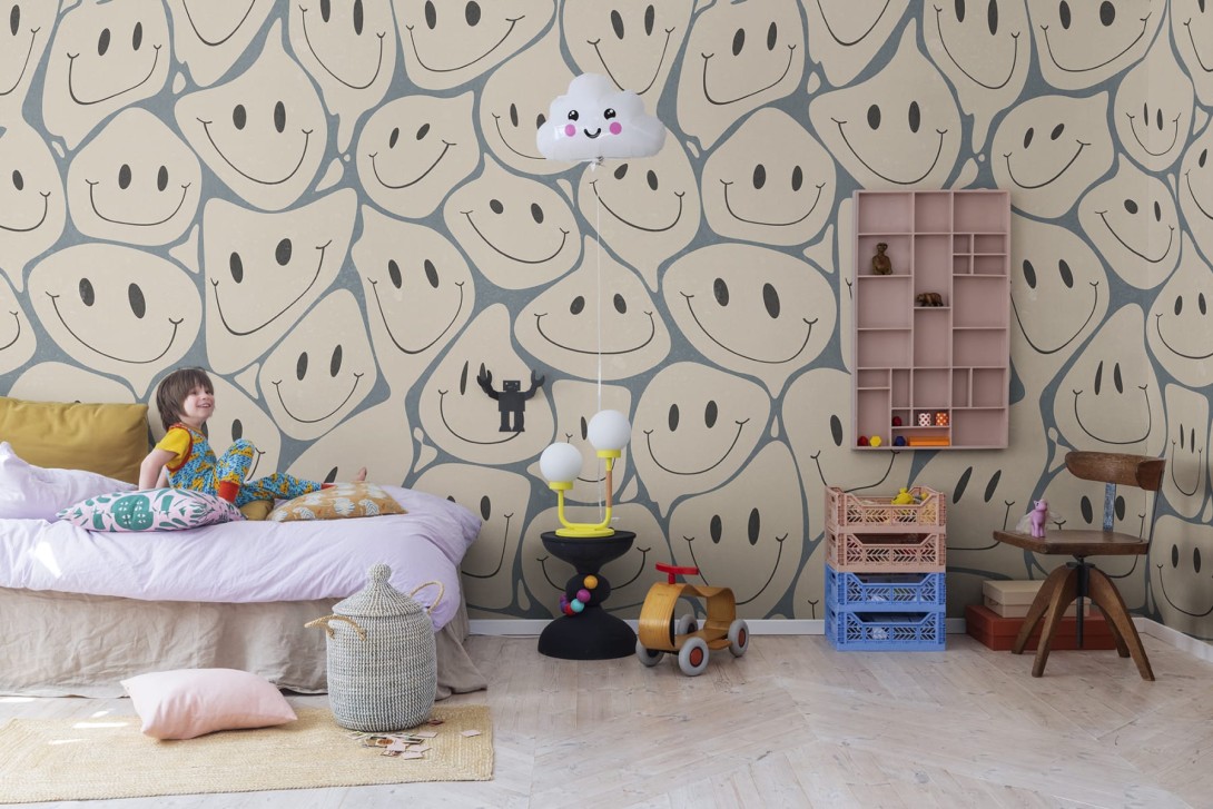 Rebel Walls R19374 Pops Happy Rebel Peach - mural w uśmiechnięte twarze