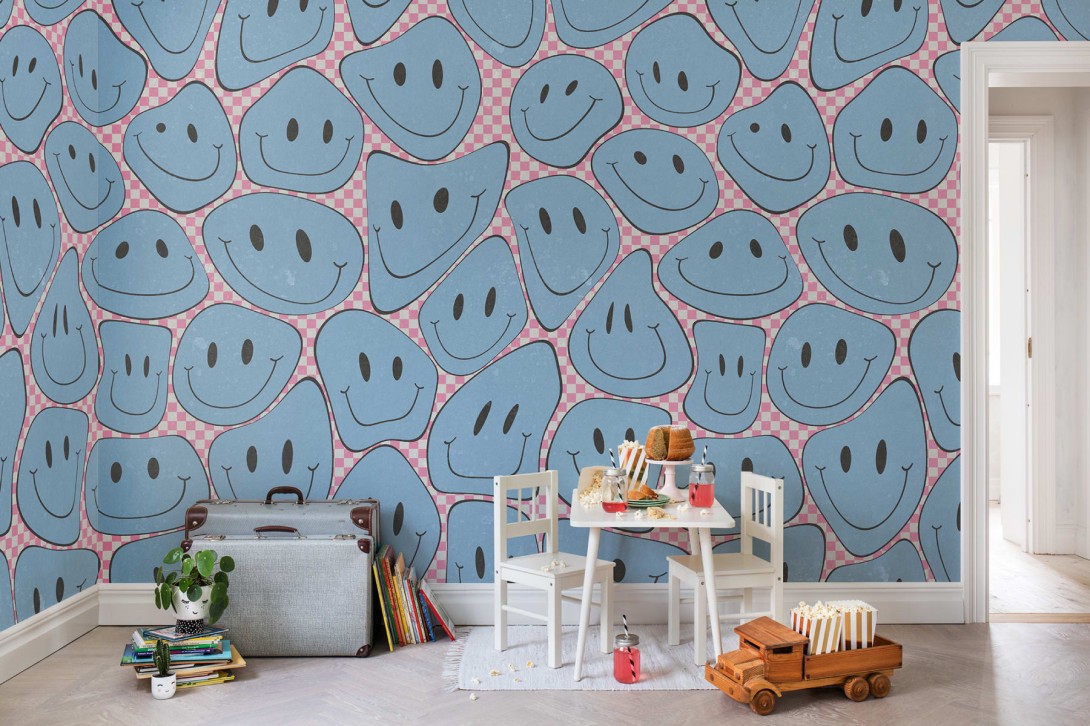 Rebel Walls R19371 Pops Happy Rebel Pink Chess - mural w uśmiechnięte twarze