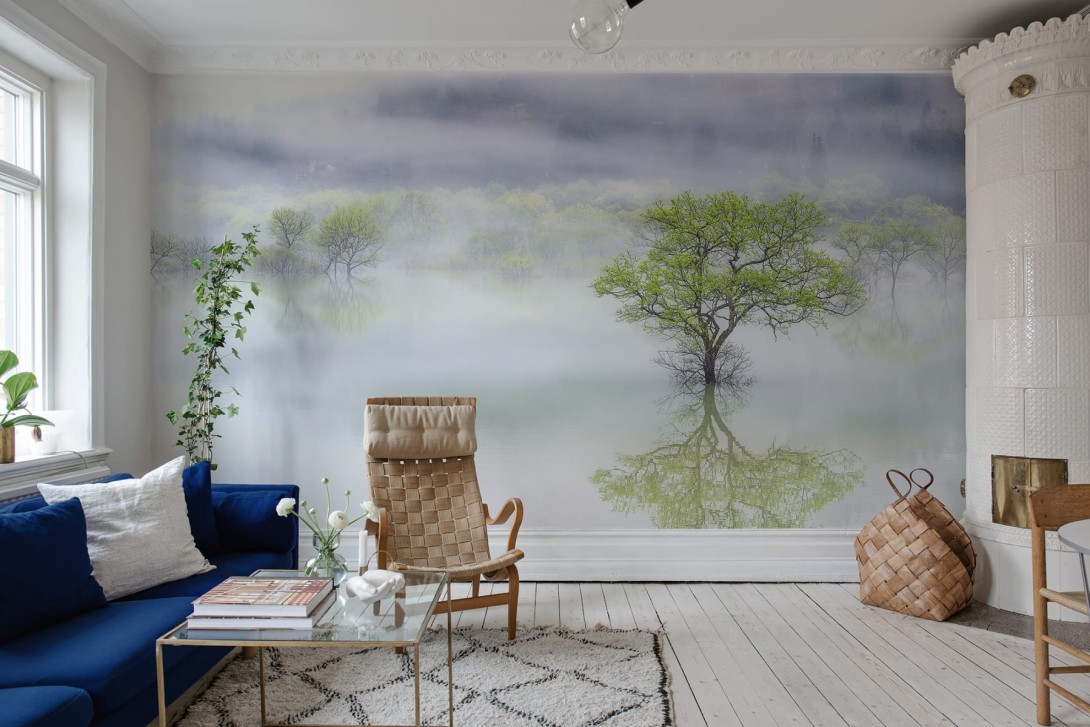 Rebel Walls R19183 Pops Misty Tree - mural w jezioro i drzewo skąpane we mgle